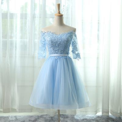  Off-the-shoulder Lace Appliqué Short Homecoming Dress in Light Blue