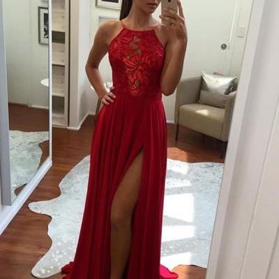 Unique red chiffon long prom dress, red evening dress