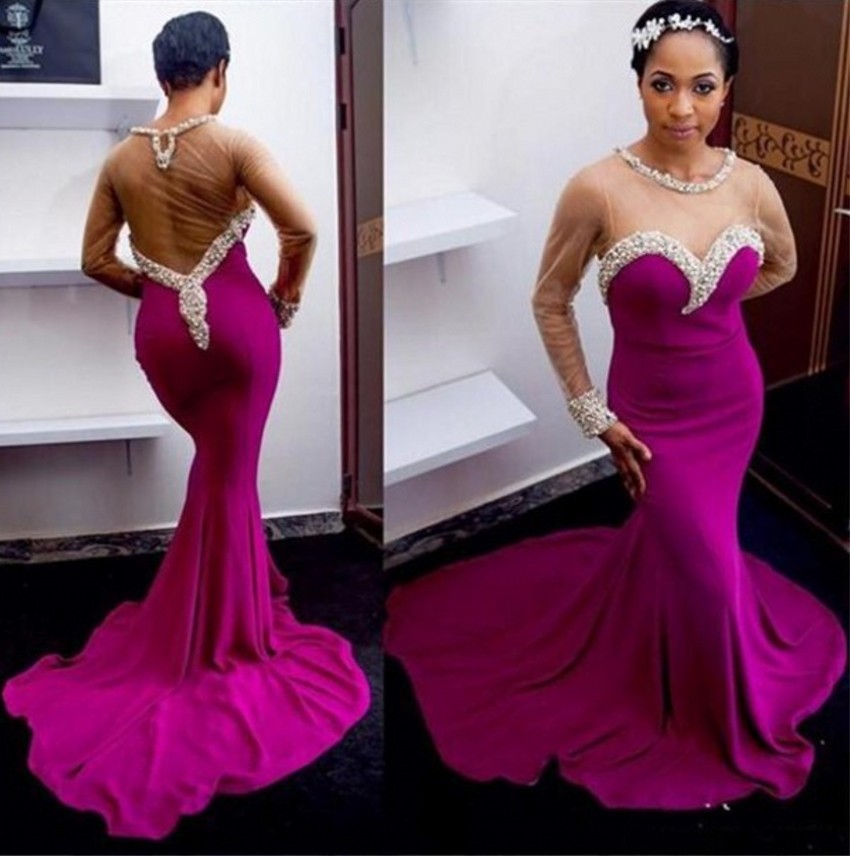 Prom Dress Sexy Sheer Fuchsia Arabic Style Women Crystal Beaded