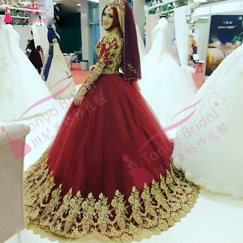 Vestido Noiva Muslim Wedding Dress Hijab Long Sleeves Arabic Wedding Gown Satin 2016 Ball Gown 