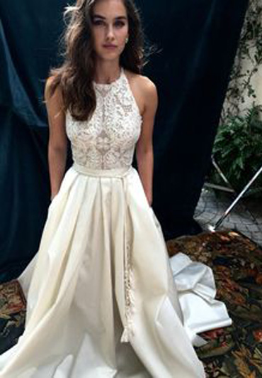 Sleeveless Long Wedding Dresses Ivory Satin Wedding Dresses Lace